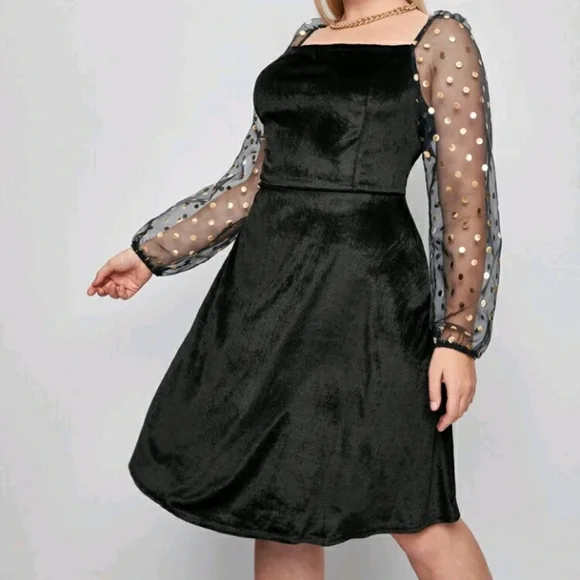 #12 Brand New Plus Black and Gold Mesh Velvet Dress - Picture 2 of 6